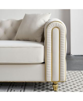 86" Beige Tufted Sofa with Toss Pillows