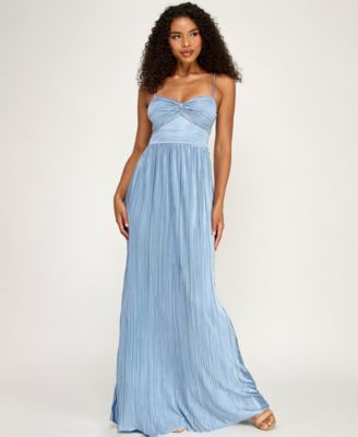 Juniors' Pleated Sweetheart Neck Gown