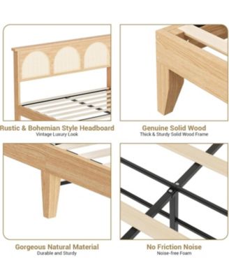 Boho Rattan Bed Frame Wood Platform Smart RGB LED Rattan Headboard Under Storage No Box Spring Easy Assembly