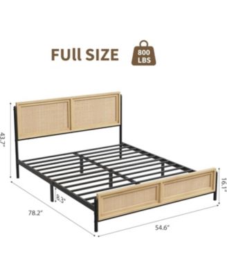 Bed Frame with Rattan Headboard and Footboard, Boho Wooden Platform, No Box Spring Needed, Easy Assembly