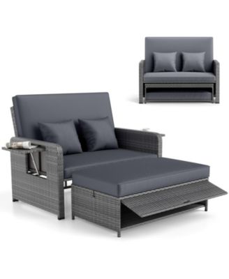 Patio Daybed Set Rattan Loveseat Sofa Set w/ Adjustable Backrest Cushions