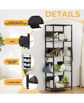 Glass Display Shelf with RGB LED Lights - 4-Tier Curio Cabinet with Adjustable Storage Box, Hooks, Metal Frame Standing Shelf for Living Room