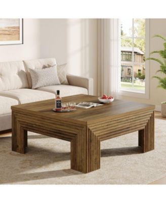 Square Coffee Table for Living Room, 39.4'' Large Wood Center Table with Unique Fluted Legs, Farmhouse Low Cocktail Tea Accent Table