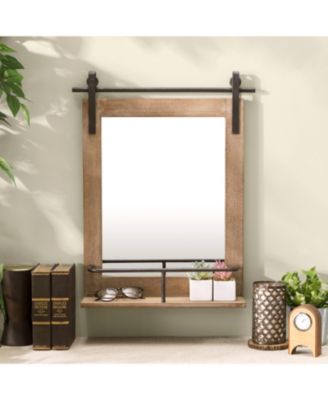 Wood-Framed Wall Vanity Mirror with Shelf and Iron Hardware