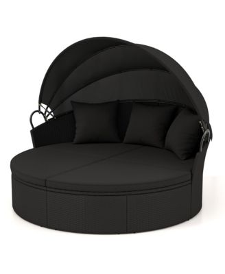 Patio Round Daybed Wicker Daybed w/ Retractable Canopy Separated Seating Sectional Sofa