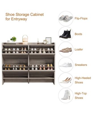 Shoe Cabinet with 4 Flip Drawers, Hidden Shoe Storage Organizer for Entryway, Wooden Shoe Rack with Adjustable Shelf, Cupboard