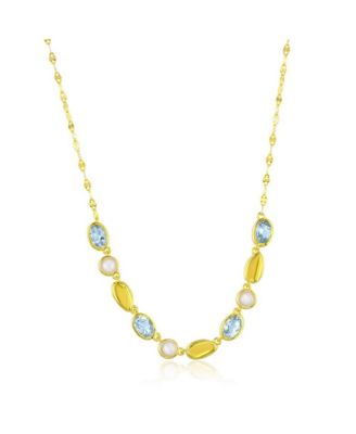 Sterling , Round MOP & Oval Sky Topaz Gem w/Mirror Chain Necklace