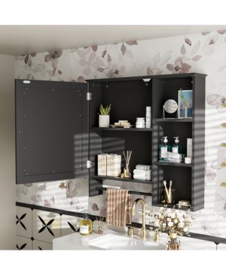 Wall Mounted Bathroom Storage Cabinet, Medicine Cabinets with large mirror door, adjustable shelves and three open storage levels