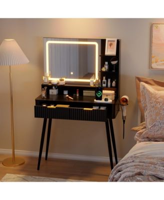 Mid-Century Modern Makeup Vanity Desk with Lighted Mirror.