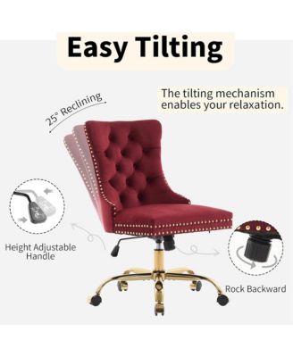 Velvet Upholstered Office Chair, Tufted Button Desk Chair, Adjustable Swivel Computer Chair with Metal Base, Nailhead for Home Office