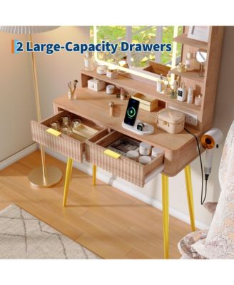 31" Mid-Century Modern Makeup Vanity Desk with Lighted Mirror, 2 Drawers and Cabinet