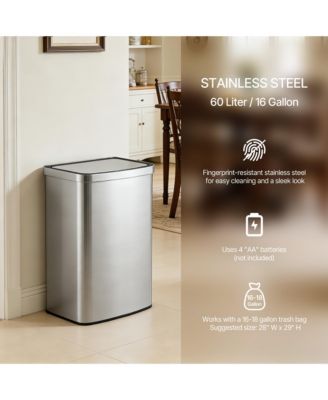 16 Gallon Stainless Steel Touchless Sensor Trash Can with Silent Close Lid – Hands-Free Kitchen Garbage Bin