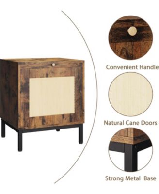 Modern Farmhouse Rattan Nightstand with Tray and Storage Shelf