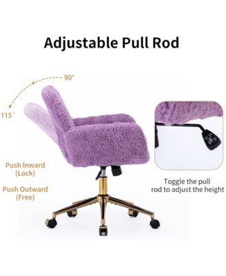 Faux Fur Home Office Chair, Adjustable Swivel Desk Chair, Upholstered Computer Chair with Wheels and Gold Base for Home Office
