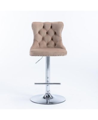 Velvet Swivel Bar Stools Set of 2, Adjustable Counter Height Chairs with Nailhead Trim and Silver Metal Base for Kitchen Island.