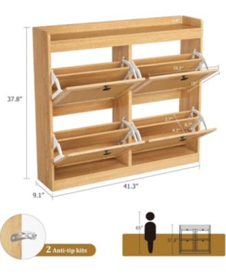 Shoe Cabinet Rattan with 4 Flip Drawers, Wooden Freestanding Shoe Organizer with Adjustable Shelves, Shoe Storage for Entryway, Closet