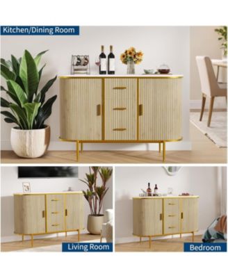 50" Mid Century Fluted Buffet Cabinet, Modern Coffee Bar Console Table with Faux Marble Top & Curved Sliding Doors, Storage Accent Cabinet