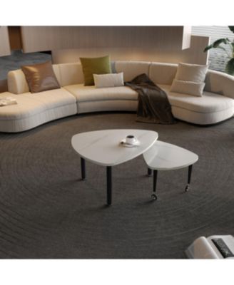 Sintered Stone Rotating Coffee Table with Solid Wood Legs