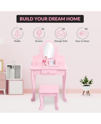 Kids Wooden Princess Vanity Set with Adjustable Mirror, Stool and Drawers