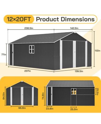 12x20 FT Metal Shed Garage - 1810 CUFT, Double-Door, All-Weather Storage