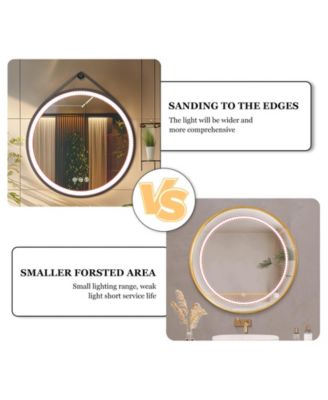 24" Black Circle Hanging Vanity Mirror for Wall with Leather Strap 3 Colors Dimmable for Bedroom Entryway