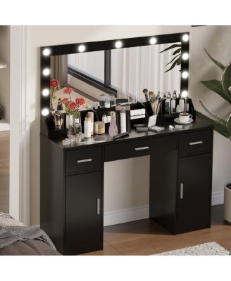 Vanity Desk with Large Mirror, 3 Color Lighting Modes, Adjustable Brightness