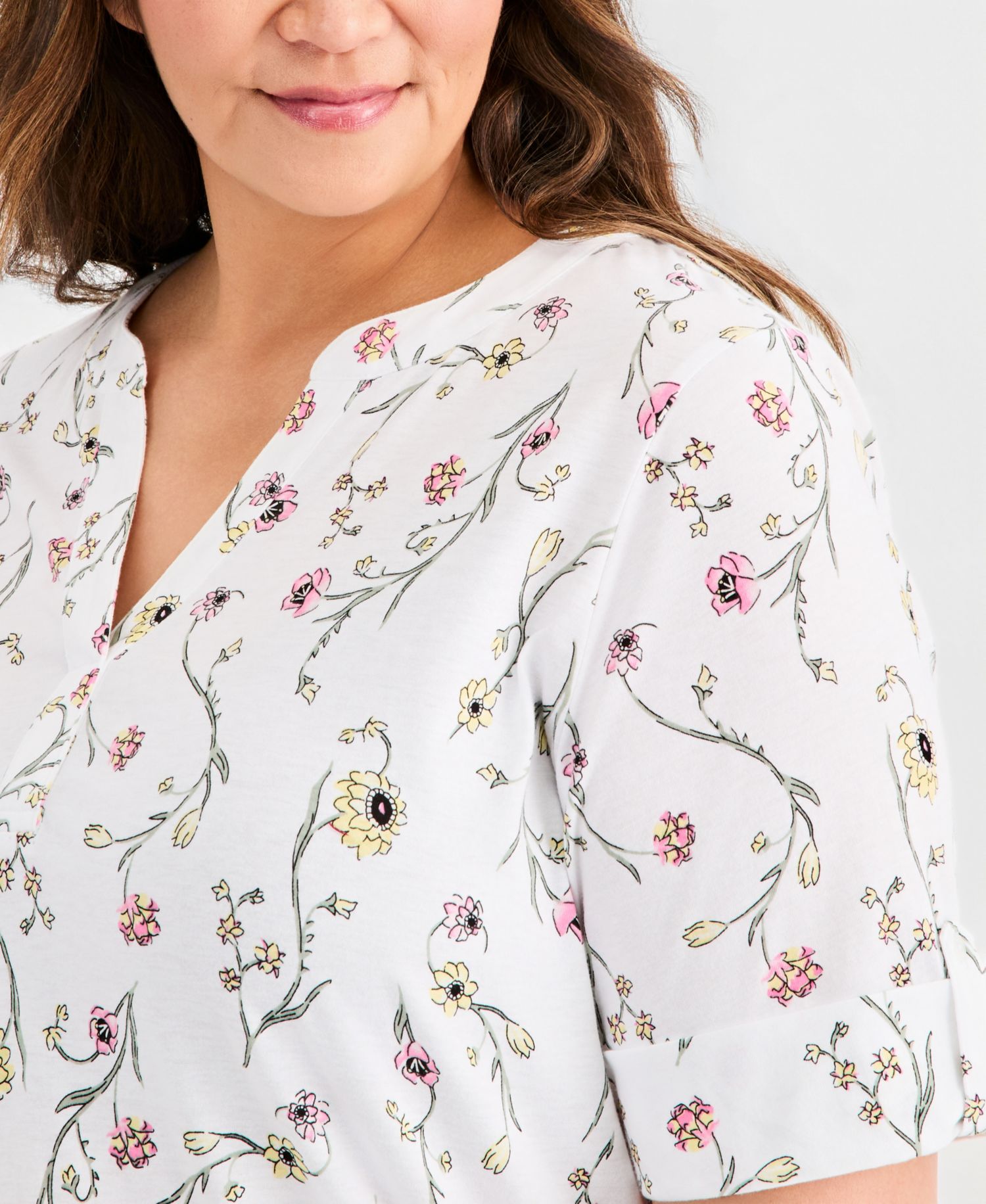 Plus Size Printed Roll-Tab Split-Neck Elbow-Sleeve Tunic