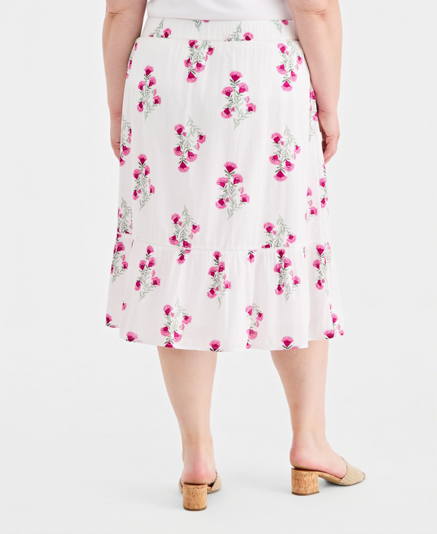 Plus Size Printed Cotton Pull-On Midi Skirt