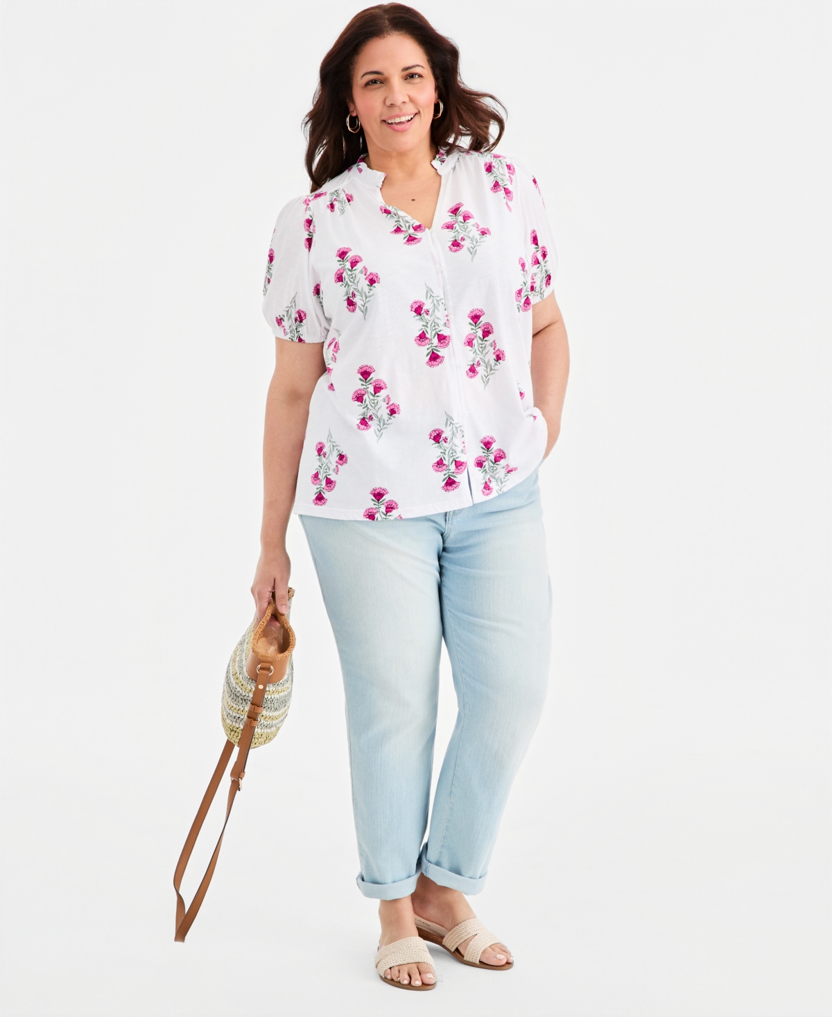 Style & Co Plus Puff-Sleeve Split-Neck Knit Top, Macy's Exclusive