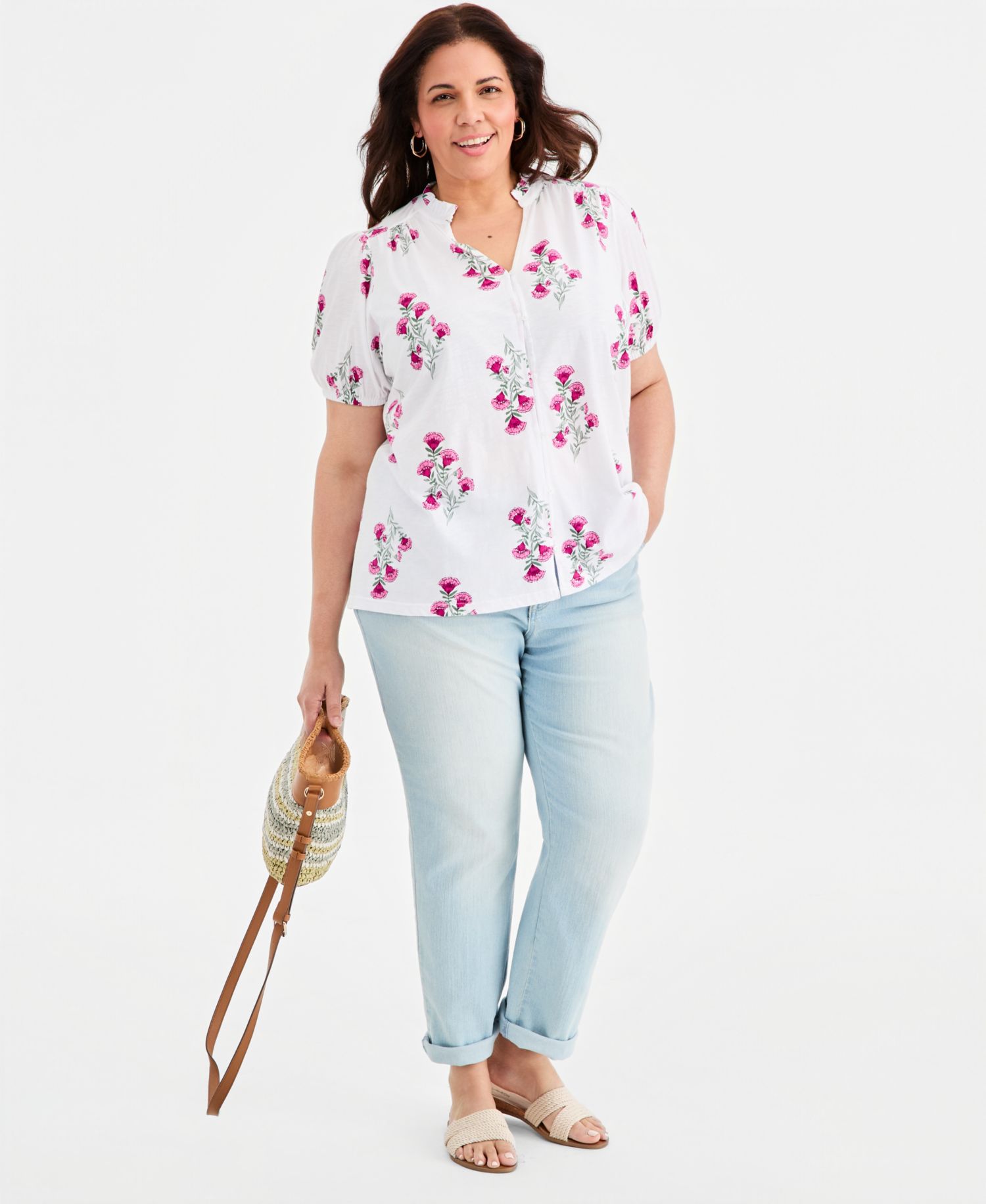 Petite Floral-Print Puff-Sleeve Top