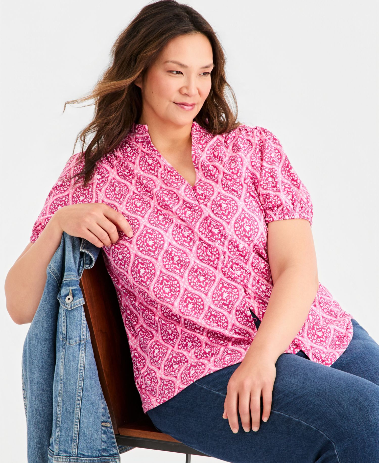 Petite Printed Puff-Sleeve Button-Front Top