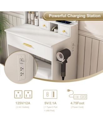 Dressing Table Set with Stool - Mini Makeup Vanity Desk with LED Lighted Mirror, Power Outlet and Hairdryer Holder for Bedroom