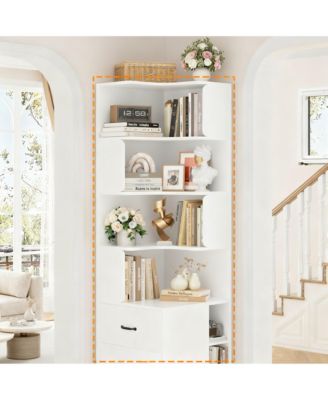 Corner Bookshelf L-Shaped 4-Tier 3 Drawers 3 Cubbies