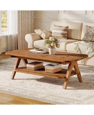 2-Tier Solid Wood Coffee Table, 47.2" Rustic Wooden Rectangular Center Table
