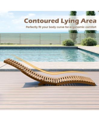 Outdoor Folding Teak Wood Chaise Lounge Chair w/Curved Lying Area for Poolside