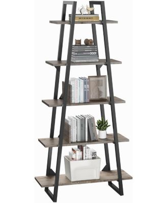 72" A-Shape Ladder Bookcase, 5-Tier Metal Frame Shelf with Adjustable Wood Shelves