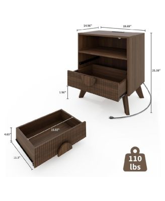 19.7" Modern Fluted Wood Nightstand with 2 Drawers and Charging Station