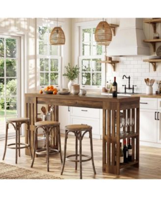 63 Inch Bar Table, Wooden Bistro Table, Large Home Bar Unit with Wine Rack