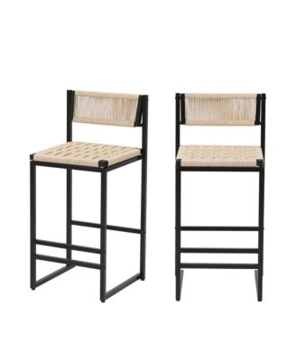 Paper Rope Woven Bar Stools Set of 2, 25'' Counter Height Chairs with Back, Footrest for Kitchen Island, Home Pub