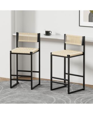 Paper Rope Woven Bar Stools Set of 2, 25'' Counter Height Chairs with Back, Footrest for Kitchen Island, Home Pub