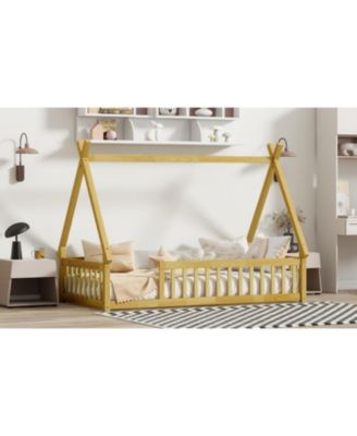 Tent-shaped Floor Bed,Teepee Bed with Guardrails, Slats