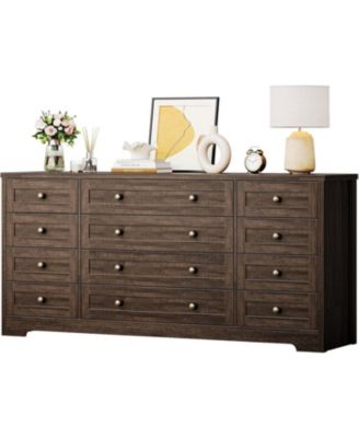 12 Drawers Wood Dressers for Bedroom, 63" Long Wooden Dresser for Living Room, Hallway, 16" Wide TV Stand Dresser for 65 Inch TV, Solid Wood