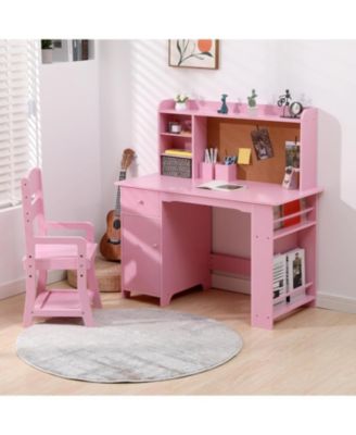 Kids Desk and Chair Set, Wooden Study Table with Storage Shelf, Bulletin Board, Children School Learning Desk Set, Writing Table