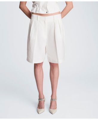  Women's High Rise Pleated Linen Blend Shorts