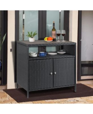 Patio Outdoor Wicker Storage Cabinet with Shelf,Powder Coated Steel,Patio Bar Table with 2-Door and Shelf,All Weather Resin Wicker
