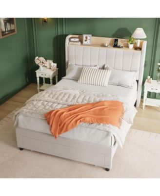 Bed Frame with Storage Headboard and Charging Station, Wooden Platform with Metal Frame & Large Drawers, No Box Spring.