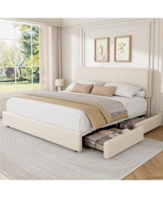 King Teddy Fleece Bed Frame with Storage Drawers, Cloud Headboard, Soft Fabric
