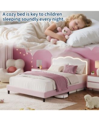Kids Bed Frame with LED Headboard, Sherpa Upholstered Platform Bed, Wooden Slats Support, No Box Spring Needed