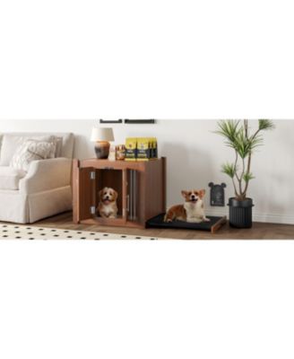 Walnut Luxury Dog Crate Side Table with Storage Ottoman and Removable Cushion