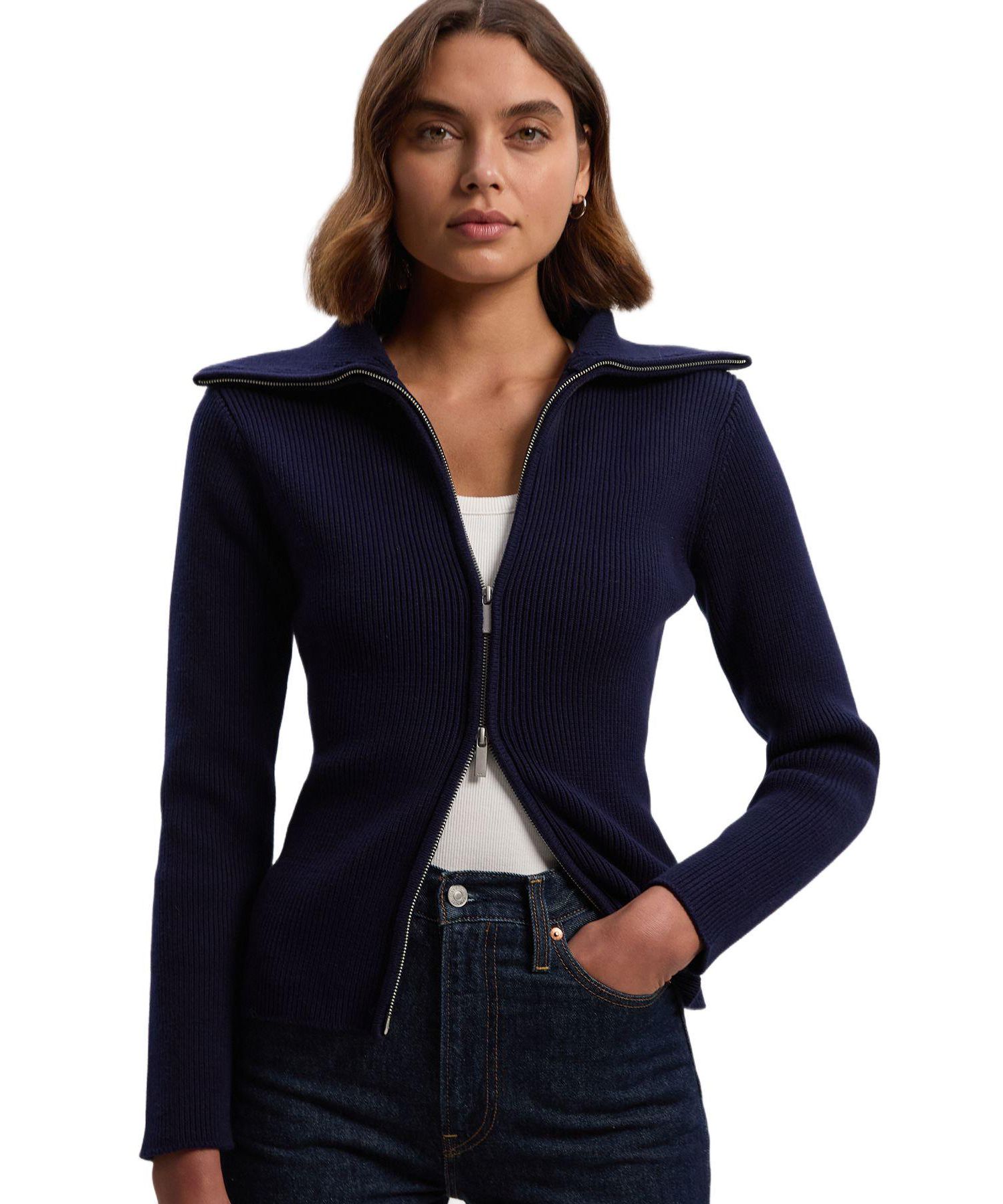 Women's Cotton Zip Through Collar Knit Cardigan